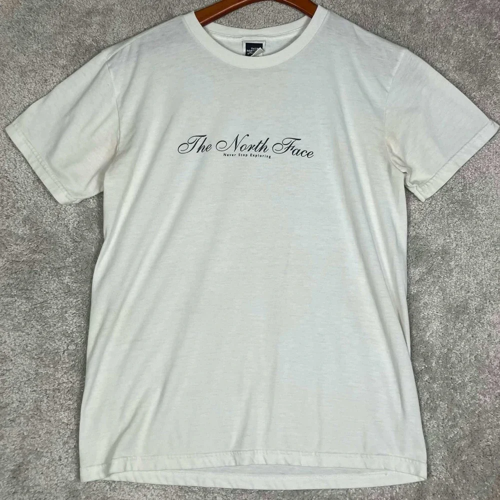 Vintage The North Face T-Shirt Mens Medium White Script Logo Graphic Tee